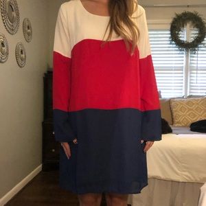 Red white and blue color block dress